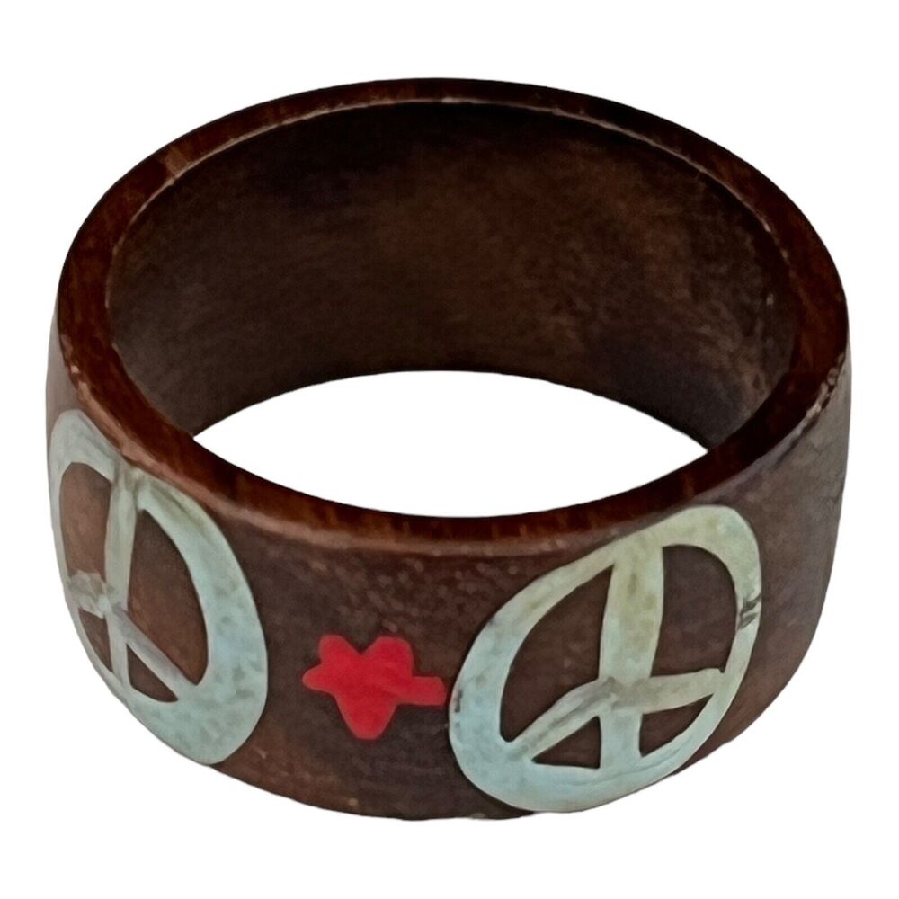 Vintage 1970s Wood Ring Hand Painted Peace Symbols Hippie Boho Band - 13S
